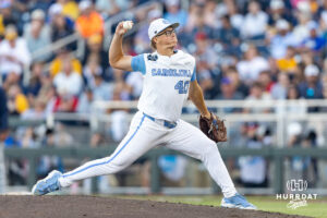 North Carolina Tar Heel 2026 pitcher Walker McDuffie (40) throws a pitch against the West Virginia Mountaineers in the sixth inning during the College World Series baseball tournament on Sunday, June 14, 2026, in Omaha, Neb. Photo by John S. Peterson.