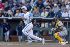 North Carolina Tar Heel Colin Hynek (23) reaches on an error in the seventh inning during the College World Series baseball tournament on Sunday, June 14, 2026, in Omaha, Neb. Photo by John S. Peterson.