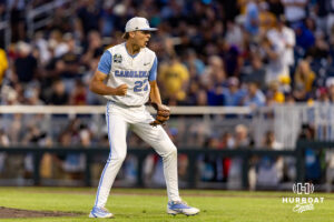 North Carolina Tar Heel 2026 pitcher Caden Glauber (27) fist pumps celebrating the win over the West Virginia Mountaineers during the College World Series baseball tournament on Sunday, June 14, 2026, in Omaha, Neb. Photo by John S. Peterson.