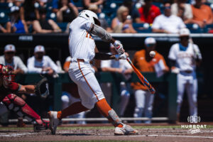 Texas Longhorn Anthony Pack Jr. (6) hits the ball during a CWS game on June 15, 2026, in Omaha, Nebraska. Photo by Brandon Tiedemann.