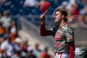Alabamas Hagan Banks (36) thanks the crowd during a CWS game on June 15, 2026, in Omaha, Nebraska. Photo by Brandon Tiedemann.