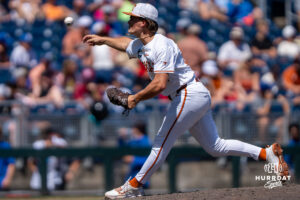 Texas Longhorns Brody Walls (67) pitches during a CWS game on June 15, 2026, in Omaha, Nebraska. Photo by Brandon Tiedemann.