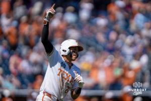 Texas Longhorns Adrian Rodriguez (24) celebrates a home run during a CWS game on June 15, 2026, in Omaha, Nebraska. Photo by Brandon Tiedemann.