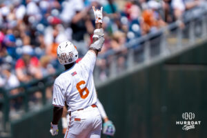 Texas Longhorns Anthony Pack Jr. (6) celebrates a home run during a CWS game on June 15, 2026, in Omaha, Nebraska. Photo by Brandon Tiedemann.