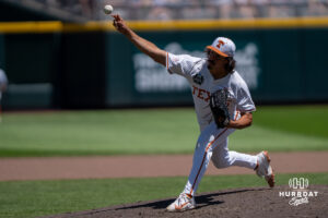 Texas Longhorns Ruger Riojas (13) pitches during a CWS game on June 15, 2026, in Omaha, Nebraska. Photo by Brandon Tiedemann.
