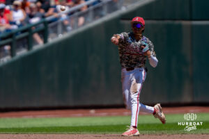 Alabamas Justin Lebron (1) throws to first base during a CWS game on June 15, 2026, in Omaha, Nebraska. Photo by Brandon Tiedemann.