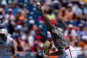 Alabamas Zane Adams (20) pitches during a CWS game on June 15, 2026, in Omaha, Nebraska. Photo by Brandon Tiedemann.