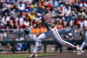 Alabamas Zane Adams (20) pitches during a CWS game on June 15, 2026, in Omaha, Nebraska. Photo by Brandon Tiedemann.
