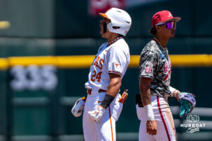 Texas Longhorn Adrian Rodriguez (24) celebrates a double during a CWS game on June 15, 2026, in Omaha, Nebraska. Photo by Brandon Tiedemann.
