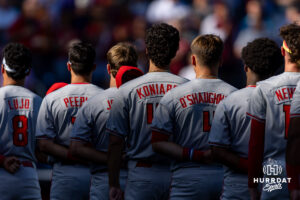 Georgia Bulldogs line up for the Nation Anthem before taking on the Oklahoma Sooners during the College World Series baseball tournament on Monday, June 15, 2026, in Omaha, Neb. Photo by John S. Peterson.
