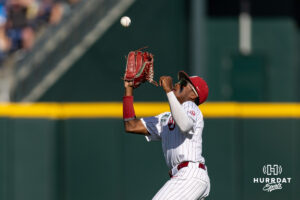 Oklahoma Sooner outfielder Jason Walk (1) makes a catch for an out against the Georgia Bulldogs in the first inning during the College World Series baseball tournament on Monday, June 15, 2026, in Omaha, Neb. Photo by John S. Peterson.