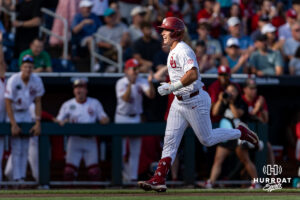 Oklahoma Soone Jaxon Willits (7) celebrates his home run int he first inning against the Georgia Bulldogs during the College World Series baseball tournament on Monday, June 15, 2026, in Omaha, Neb. Photo by John S. Peterson.
