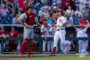 Oklahoma Soone Jaxon Willits (7) celebrates his home run int he first inning against the Georgia Bulldogs during the College World Series baseball tournament on Monday, June 15, 2026, in Omaha, Neb. Photo by John S. Peterson.