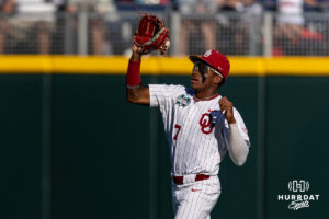 Oklahoma Sooner infielder Jaxon Willits (7) makes a catch in the second inning against the Georgia Bulldogs during the College World Series baseball tournament on Monday, June 15, 2026, in Omaha, Neb. Photo by John S. Peterson.