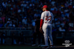 Oklahoma Sooner pitcher Xander Mercurius (23) prepares to throw a pitch against the Georgia Bulldogs in the fourth inning during the College World Series baseball tournament on Monday, June 15, 2026, in Omaha, Neb. Photo by John S. Peterson.