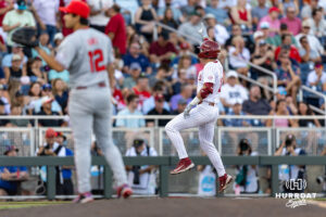 Oklahoma Sooner Brendan Brock (10) celebrates his home run as he rounds third against the Georgia Bulldogs in the fourth inning during the College World Series baseball tournament on Monday, June 15, 2026, in Omaha, Neb. Photo by John S. Peterson.
