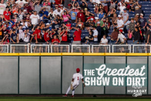 Oklahoma Sooner outfielder Jason Walk (1) watches the Georgia Bulldog Brennan Hudson (28) home run ball go over the wall in the fifth inning during the College World Series baseball tournament on Monday, June 15, 2026, in Omaha, Neb. Photo by John S. Peterson.