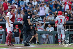 Georgia Bulldog catcher Daniel Jackson (3) crosses home plate for his home run in the eighth inning against Oklahoma Sooners during the College World Series baseball tournament on Monday, June 15, 2026, in Omaha, Neb. Photo by John S. Peterson.