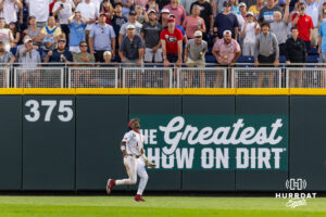 Oklahoma Sooner outfielder Jason Walk (1) tracks the ball for the final out against the Georgia Bulldogs during the College World Series baseball tournament on Monday, June 15, 2026, in Omaha, Neb. Photo by John S. Peterson.