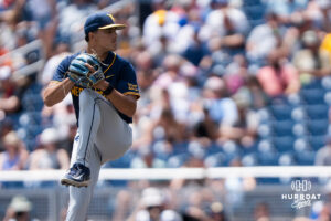 West Virginia Mountaineers Dawson Montesa (31) winds up during a CWS game on June 16, 2026, in Omaha, Nebraska. Photo by Brandon Tiedemann.