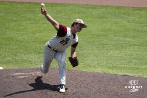 Troy Trojans Dylan Alonso (27) pitches during a CWS game on June 16, 2026, in Omaha, Nebraska. Photo by Brandon Tiedemann.