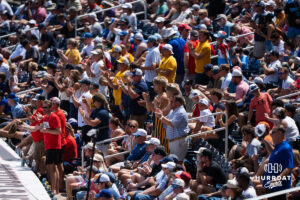 West Virginia Mountaineer fans cheer during a CWS game on June 16, 2026, in Omaha, Nebraska. Photo by Brandon Tiedemann.