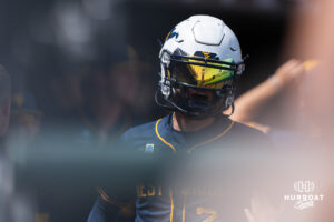 West Virginia Mountaineers Gavin Kelly (2) celebrates during a CWS game on June 16, 2026, in Omaha, Nebraska. Photo by Brandon Tiedemann.