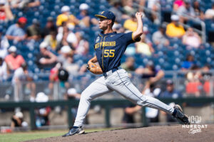 West Virginia Mountaineers Ben McDougal (55) warms up during a CWS game on June 16, 2026, in Omaha, Nebraska. Photo by Brandon Tiedemann.