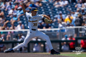 West Virginia Mountaineers Chansen Cole (35) warms up in the first inning during a CWS game on June 17, 2026, in Omaha, Nebraska. Photo by Brandon Tiedemann.
