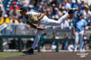 West Virginia Mountaineer pitcher Chansen Cole (35) throws a pitch against the North Carolina Tar Heels78 during the College World Series baseball tournament on Wednesday, June 17, 2026, in Omaha, Neb. Photo by John S. Peterson.