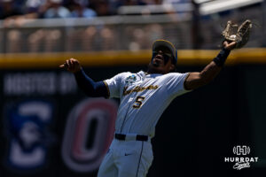 West Virginia Mountaineer Armani Guzman (5) makes a catch for an out against the North Carolina Tar Heels during the College World Series baseball tournament on Wednesday, June 17, 2026, in Omaha, Neb. Photo by John S. Peterson.