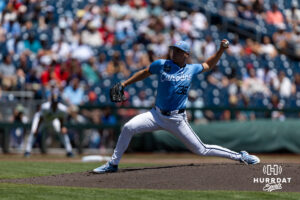 North Carolina Tar Heel 2026 pitcher Folger Boaz (36) throws a pitch against the West Virginia Mountaineers in the first inning during the College World Series baseball tournament on Wednesday, June 17, 2026, in Omaha, Neb. Photo by John S. Peterson.