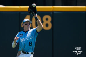 North Carolina Tar Heels Owen Hull (8) catches a pop fly in the fourth inning during a CWS game on June 17, 2026, in Omaha, Nebraska. Photo by Brandon Tiedemann.