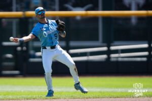 North Carolina Tar Heels Gavin Gallaher (5) throws to second base in the fourth inning during a CWS game on June 17, 2026, in Omaha, Nebraska. Photo by Brandon Tiedemann.