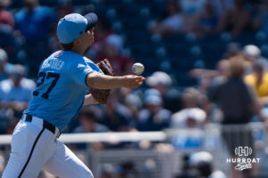 North Carolina Tar Heels Matthew Matthijs (24) pitches in the seventh inning during a CWS game on June 17, 2026, in Omaha, Nebraska. Photo by Brandon Tiedemann.
