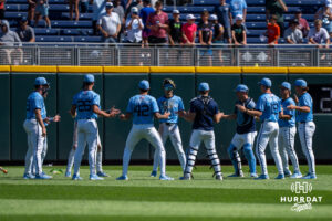 The North Carolina Tar Heels celebrating winning after a CWS game on June 17, 2026, in Omaha, Nebraska. Photo by Brandon Tiedemann.