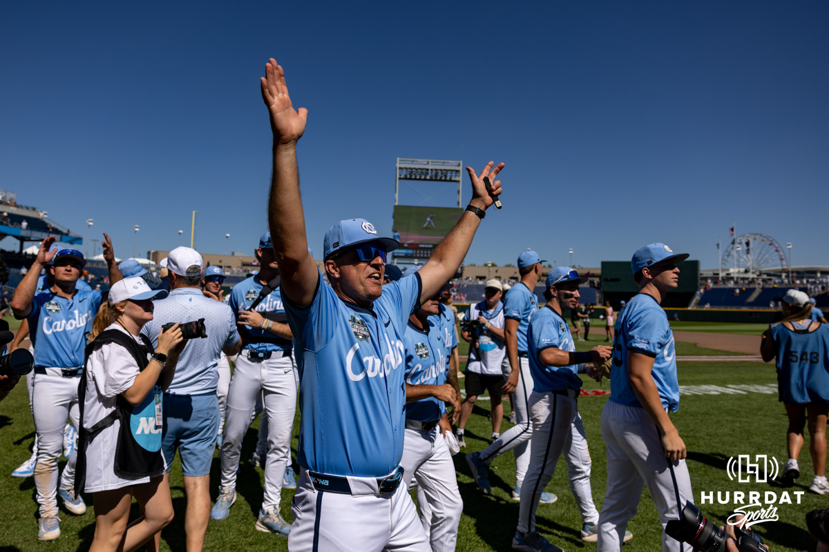 CWS North Carolina v West Virginia | June 17, 2026 | Hurrdat Sports North Carolina Tar Heel head coach Scott Forbes celebrates the win over the West Virginia Mountaineers sending the to the finals during the College World Series baseball tournament on Wednesday, June 17, 2026, in Omaha, Neb. Photo by John S. Peterson.