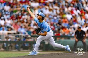 North Carolina Tar Heel pitcher Jason DeCaro (29) throws a pitch against the Oklahoma Sooners in the first inning during the Finals of the College World Series baseball tournament on Saturday, June 20, 2026, in Omaha, Neb. Photo by John S. Peterson.