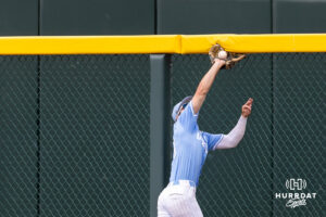 North Carolina Tar Heel outfielder Carter French (18) makes a catch for an out against the Oklahoma Sooners in the third inning during the Finals of the College World Series baseball tournament on Saturday, June 20, 2026, in Omaha, Neb. Photo by John S. Peterson.