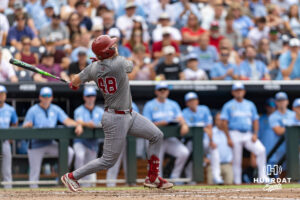 Oklahoma Sooner Deiten Lachance (48) hits a home run in the third inning against the North Carolina Tar Heels during the Finals of the College World Series baseball tournament on Saturday, June 20, 2026, in Omaha, Neb. Photo by John S. Peterson.