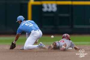 Oklahoma Sooner Camden Johnson (9) steals second and advances to third on a throwing error against the North Carolina Tar Heels in the fourth inning during the Finals of the College World Series baseball tournament on Saturday, June 20, 2026, in Omaha, Neb. Photo by John S. Peterson.