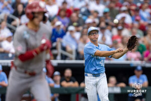 North Carolina Tar Heel pitcher Walker McDuffie (40) throws out Oklahoma Sooner Kyle Branch (6) at first in the sixth inning during the Finals of the College World Series baseball tournament on Saturday, June 20, 2026, in Omaha, Neb. Photo by John S. Peterson.