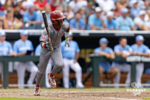 Oklahoma Sooner Jason Walk (1) hits a one-run single in the sixth inning against the North Carolina Tar Heels during the Finals of the College World Series baseball tournament on Saturday, June 20, 2026, in Omaha, Neb. Photo by John S. Peterson.