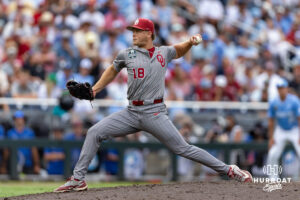 Oklahoma Sooner pitcher Gavyn Jones (18) throws a pitch against the North Carolina Tar Heels in the sixth inning during the Finals of the College World Series baseball tournament on Saturday, June 20, 2026, in Omaha, Neb. Photo by John S. Peterson.