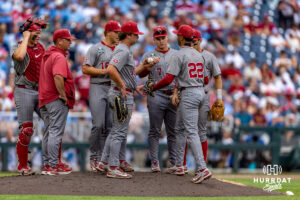 Oklahoma Sooner pitcher Lj Mercurius (22) comes in to pitch in the eighth inning against the North Carolina Tar Heels during the Finals of the College World Series baseball tournament on Saturday, June 20, 2026, in Omaha, Neb. Photo by John S. Peterson.