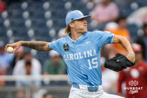 North Carolina Tar Heels Cameron Padgett (15) pitches during the ninth inning of a CWS game on June 20, 2026, in Omaha, Nebraska. Photo by Brandon Tiedemann.