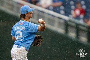 North Carolina Tar Heels Jake Schaffner (2) throws to first base during the ninth inning of a CWS game on June 20, 2026, in Omaha, Nebraska. Photo by Brandon Tiedemann.