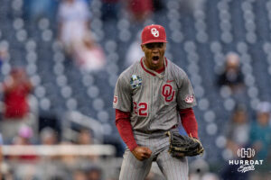Oklahoma Sooner pitcher Lj Mercurius (22) celebrate the win against the North Carolina Tar Heels during the Finals of the College World Series baseball tournament on Saturday, June 20, 2026, in Omaha, Neb. Photo by John S. Peterson.
