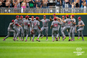 The Oklahoma Sooners celebrate their win after a CWS game on June 20, 2026, in Omaha, Nebraska. Photo by Brandon Tiedemann.