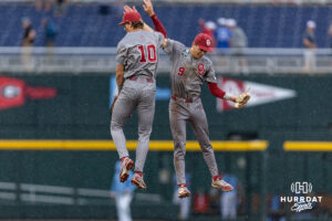 Oklahoma Sooner (10) and Camden Johnson (9) celebrate the win against the North Carolina Tar Heels during the Finals of the College World Series baseball tournament on Saturday, June 20, 2026, in Omaha, Neb. Photo by John S. Peterson.
